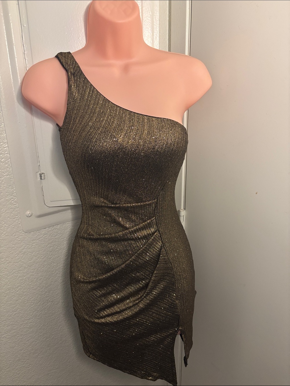 One-Shoulder Metallic Bronze Bodycon Dress